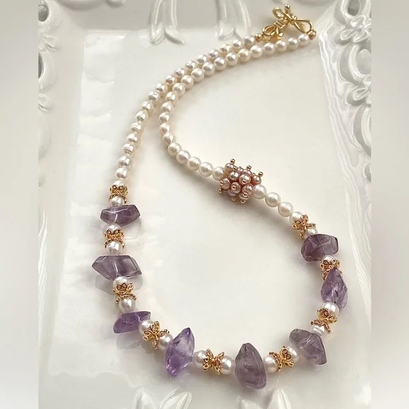 GP47-Handmade Natural Amethyst And Natural Freshwater Baby Pearl Necklace - Picture 5 of 13